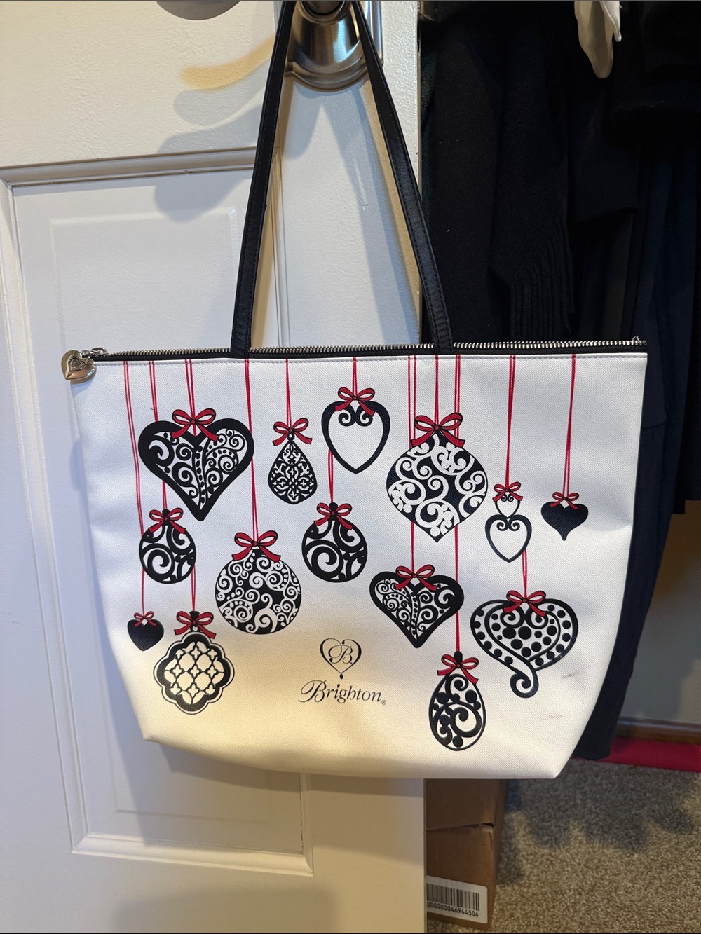 Brighton White Tote with Black Ornament Prints and Red Ribbon Details